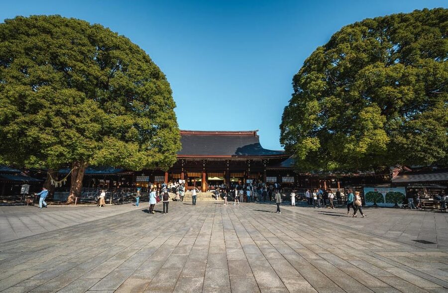 Tokyo full day Spanish speaking tour with hotel pick up and drop off. - Harajuku Meiji Shrine: torii gates and the marriage-prosperity prayer angle